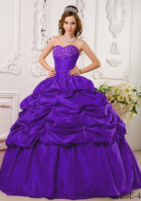 Purple Sweetheart Appliques Sweet Sixteen Dresses with Pick-ups and Appliques