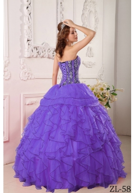 Purple Sweetheart Organza Sweet 15 Dresses with Beading and Ruffles