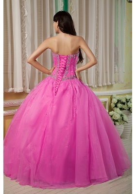 Rose Pink Ball Gown Sweetheart Quinceanera Dress with Organza Beading