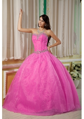 Rose Pink Ball Gown Sweetheart Quinceanera Dress with Organza Beading
