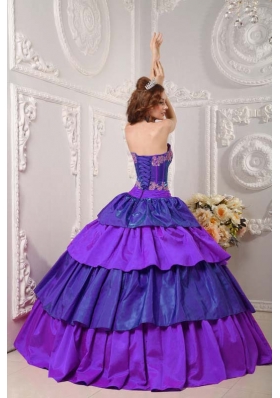 Strapless Taffeta Appliques for Purple Quinceneara Dresses with Layers