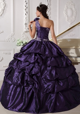 Dark Purple Ball Gown One Shoulder Dresses For a Quinceanera with Appliques and Pick-ups