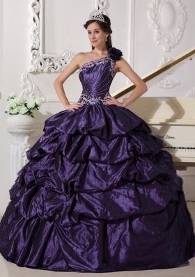 Dark Purple Ball Gown One Shoulder Dresses For a Quinceanera with Appliques and Pick-ups