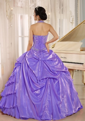 Halter Purple Halter Trop Pleats Dresses For a Quinceanera With Beaded Bodice