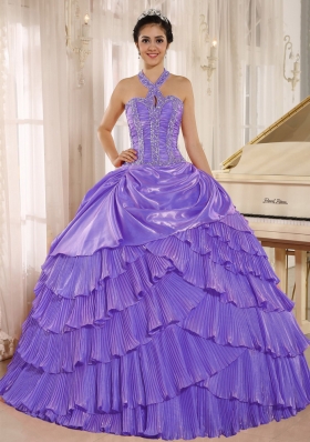 Halter Purple Halter Trop Pleats Dresses For a Quinceanera With Beaded Bodice