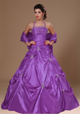 Pick-ups Halter Princess Taffeta Purple Sweet 16 Dresses For Custom Made