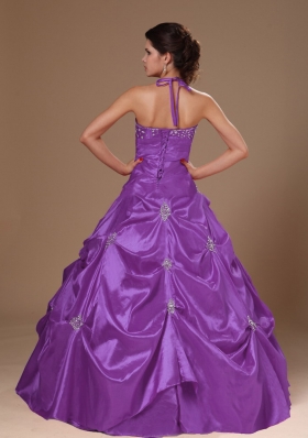 Pick-ups Halter Princess Taffeta Purple Sweet 16 Dresses For Custom Made