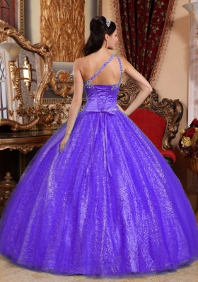 Purple Ball Gown One Shoulder Beading Sweet Sixteen Quinceanera Dresses with Sequins