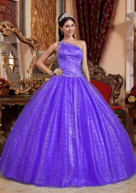 Purple Ball Gown One Shoulder Beading Sweet Sixteen Quinceanera Dresses with Sequins