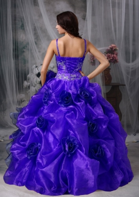 Purple Ball Gown Straps Beading Dress For Quinceanera with Ruffles and Hand Made Flowers