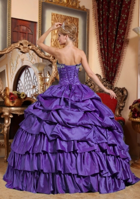 Purple Strapless Taffeta Sweet Sixteen Dresses with Appliques and Pick-ups