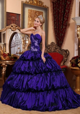 Sweetheart Chapel Train Appliques and Pick-ups Ruffled Layers Quinceanera Dress