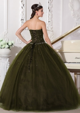 Ball Gown Sweetheart Tulle Olive Green Sweet 16 Dresses with Rhinestone