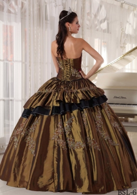 Brown Strapless Taffeta Beading Sweet 16 Dresses with Appliques