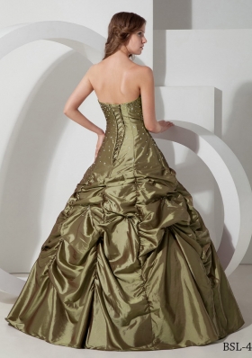 Discount Strapless Taffeta Olive Green Quinceanera Dresses with Beading