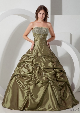 Discount Strapless Taffeta Olive Green Quinceanera Dresses with Beading