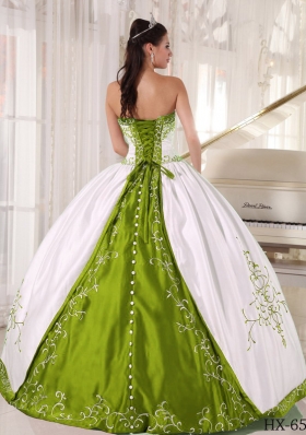 Olive Green and White Strapless Embroidery Dresses For a Quinceanera