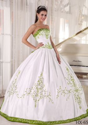 Olive Green and White Strapless Embroidery Dresses For a Quinceanera