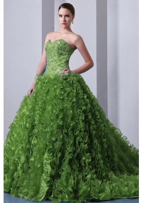 Olive Green Princess Sweetheart Brush Train Sweet Sixteen Dresses with Beading and Ruffles