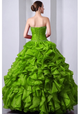 Olive Green Princess Sweetheart Organza Sweet 16 Dresses with Beading and Rufffles