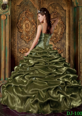 Olive Green Spaghetti Straps Taffeta Quinceaneras Dress with Pick-ups and Appliques