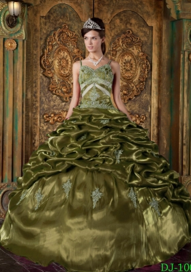 Olive Green Spaghetti Straps Taffeta Quinceaneras Dress with Pick-ups and Appliques