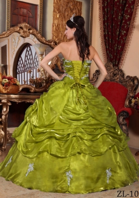 Olive Green Strapless Organza Appliques Sweet Sixteen Dresses