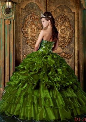 Olive Green Strapless Organza Sweet 16 Dresses with Appliques and Ruffles