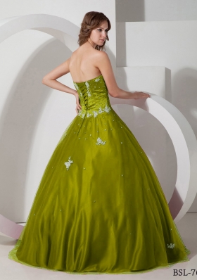 Olive Green Strapless Sweet Sixteen Dresses with Appliques and Beading