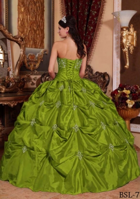 Olive Green Strapless Taffeta Appliques Sweet 16 Dresses with Pick-ups