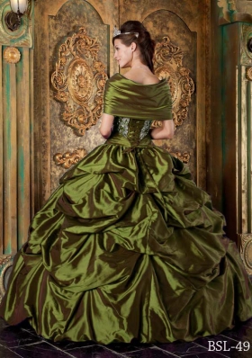 Olive Green Strapless Taffeta Embroidery Sweet Sixteen Dresses with Pick-ups