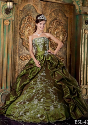 Olive Green Strapless Taffeta Embroidery Sweet Sixteen Dresses with Pick-ups