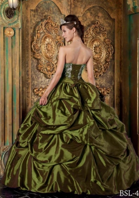 Olive Green Strapless Taffeta Embroidery Sweet Sixteen Dresses with Pick-ups