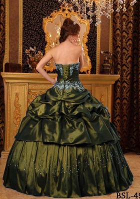 Remarkable Strapless Olive Green Sweet Sixteen Dresses with Pick-ups and Appliques