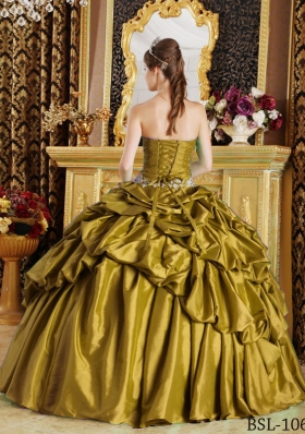 Ball Gown Strapless Olive Green Quinceaneras Dress with Appliques and Pick-ups