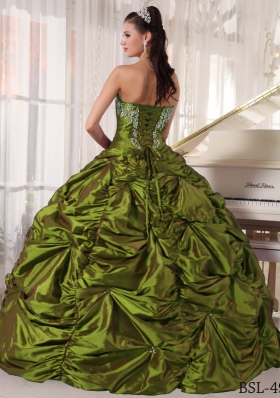 Elegant Olive Green Strapless Embroidery Dresses For a Quinceanera