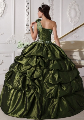 Olive Green Ball Gown One Shoulder Sweet 15 Dresses with Appliques and Pick-ups