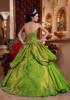 Olive Green Halter Appliques and Pick-ups Dress For Quinceaneras