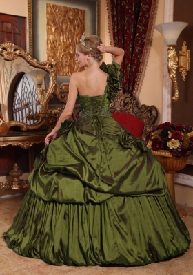 Olive Green One Shoulder Beading and Pick-ups Dress For Quinceanera