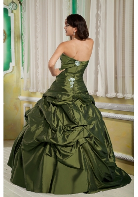 Olive Green Princess Strapless Taffeta Appliques Sweet 16 Dresses with Pick-ups