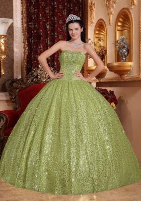 Olive Green Puffy Sweetheart Sweet 15 Dresses with Sequins