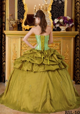 Olive Green Strapless Appliques Sweet 16 Dresses with Appliques and Pick-ups