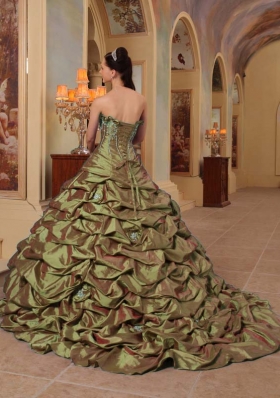 Olive Green Strapless Court Train Taffeta Sweet 15 Dresses with Pick-ups