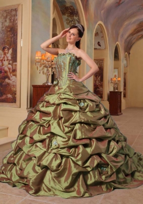 Olive Green Strapless Court Train Taffeta Sweet 15 Dresses with Pick-ups