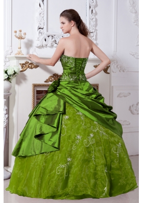 Olive Green Strapless Organza Sweet 16 Dresses with Embroidery and Pick-ups