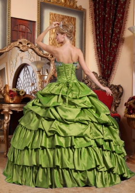 Olive Green Strapless Sweet Sixteen Dresses with Appliques and Pick-ups