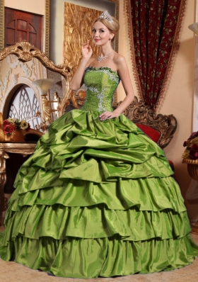Olive Green Strapless Sweet Sixteen Dresses with Appliques and Pick-ups