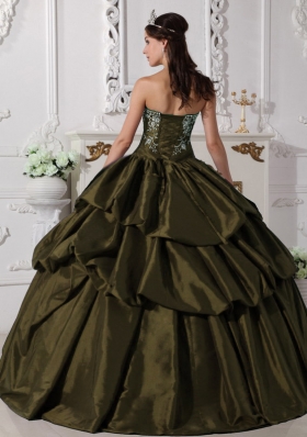 Olive Green Strapless Sweet Sixteen Dresses with Pick-ups and Embroidery