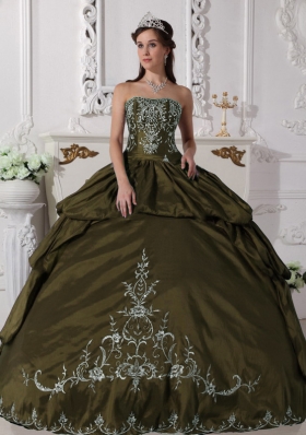 Olive Green Strapless Sweet Sixteen Dresses with Pick-ups and Embroidery