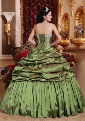 Olive Green Strapless Taffeta Appliques Quinceanera Dresses Gowns with Pick-ups